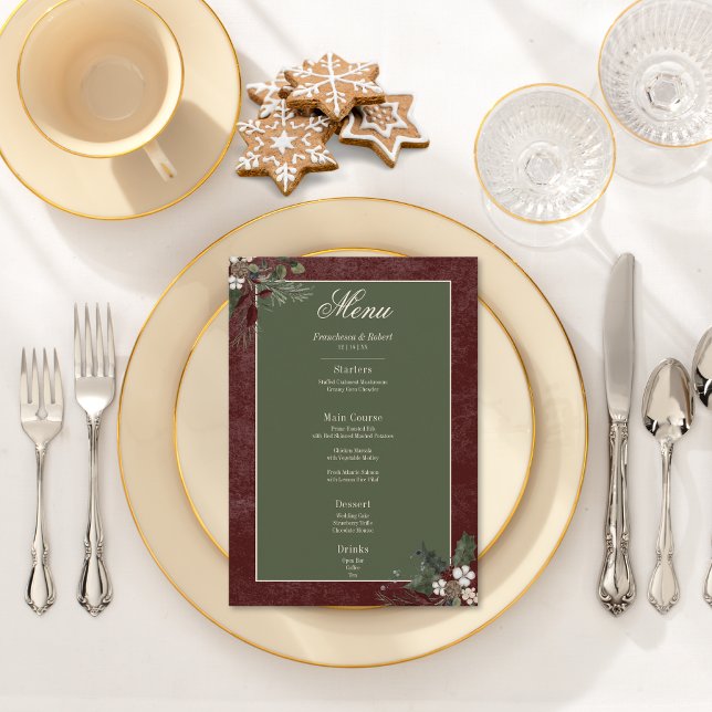 Rustic Winter Berries & Gräs Burgundy Bröllop Meny (Rustic Winter Berries & Pine Burgundy Wedding Menu)