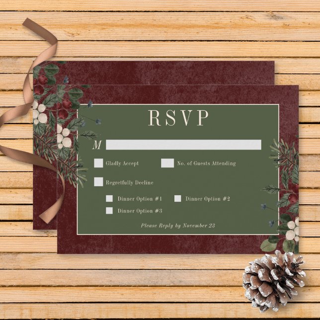 Rustic Winter Berries & Gräs Burgundy Dinner OSA Kort (Rustic Winter Berries & Pine Burgundy Wedding Wedding Response Card with Dinner Options)