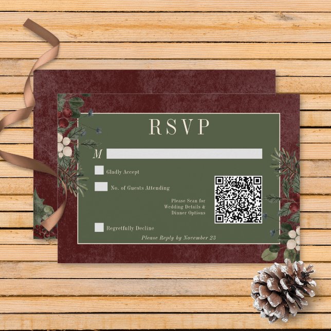 Rustic Winter Berries & Gräs Burgundy QR-kod OSA Kort (Rustic Winter Berries & Pine Burgundy Wedding Response Card with QR Code)