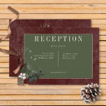 Rustic Winter Berries & Gräs Burgundy Reception Tilläggskort<br><div class="desc">Vi presenterar vår fantastiska mottagningskort för vinterbröllop, där tidlös elegans möter säsong. Rikens burgniga bakgrund, som är artificiellt plågad med mjuka vita accenter, anger en fängslande ton för din speciella dag. I textområdet mörk sage grönt kommer din bröllopsmottagningsinformation att skina, omgiven av en delikat kräm ram som tillför lite förfining....</div>
