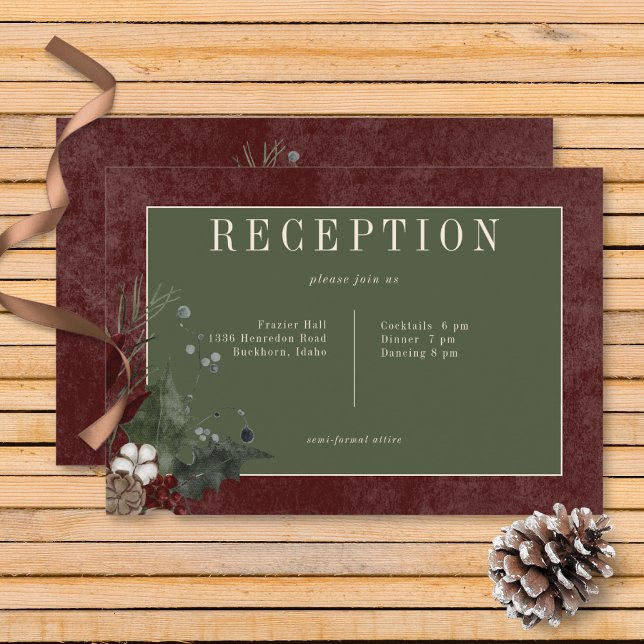 Rustic Winter Berries & Gräs Burgundy Reception Tilläggskort (Rustic Winter Berries & Pine Burgundy Wedding Reception Card)