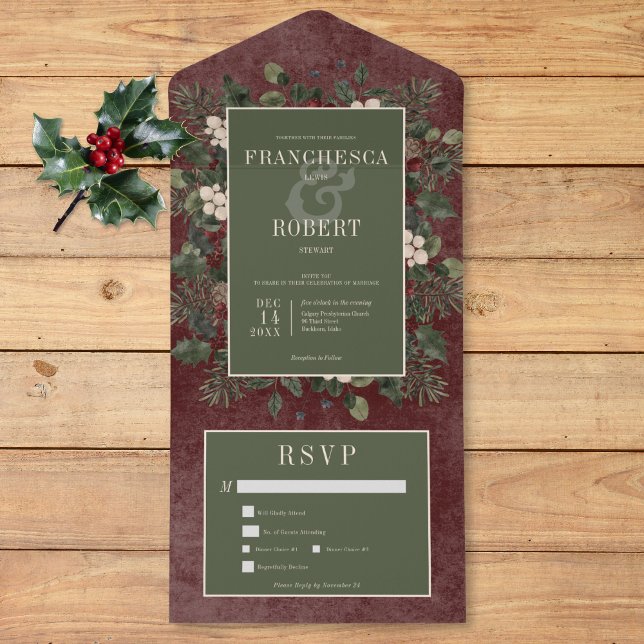 Rustic Winter Berries & Gräs Burgundy Två middagar (Rustic Winter Berries & Pine Burgundy Two Dinner All In One Invitation)