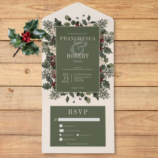 Rustic Winter Berries & Gräs Cream 2 Middag (Rustic Winter Berries & Pine Cream Two Dinner All In One Invitation)