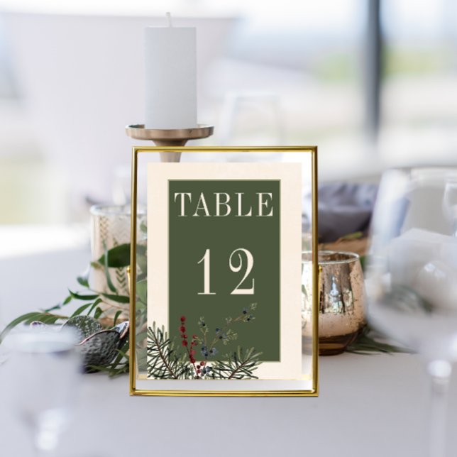 Rustic Winter Berries & Gräs Cream Bröllop Bordsnummer (Rustic Winter Berries & Pine Cream Wedding Table Number)