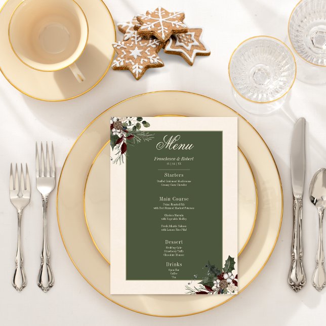 Rustic Winter Berries & Gräs Cream Bröllop Meny (Rustic Winter Berries & Pine Cream Wedding Menu)