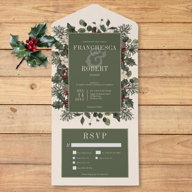 Rustic Winter Berries & Gräs Cream Tre middagar (Rustic Winter Berries & Pine Cream Three Dinner All In One Invitation)