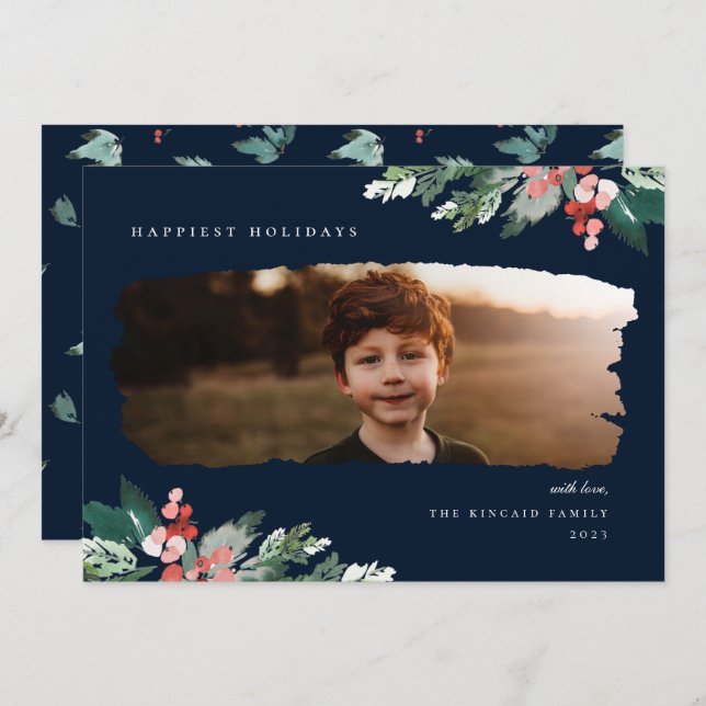 Rustic Winter Berry Greenery Photo Helgdag Card Julkort (Fram/baksida)