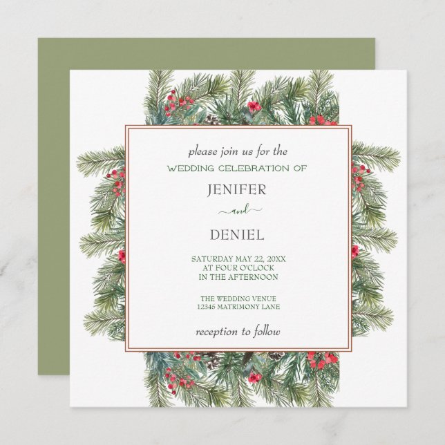 Rustic Winter Berry Pine Greenery Wedding Inbjudningar (Fram/baksida)