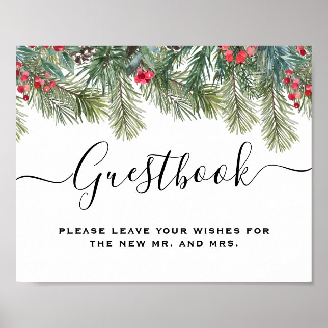 Rustic Winter Berry Pine Greenery Wedding Poster (Framsidan)