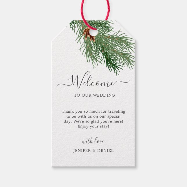 Rustic Winter Berry Pine Greenery Wedding Presentetikett (Framsidan)