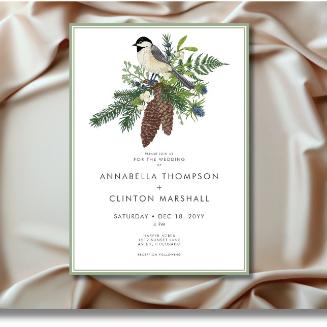 Rustic Winter Bird & Gräs Ram Bröllop Inbjudningar (Rustic Winter Bird & Pine Frame Wedding Invitation)