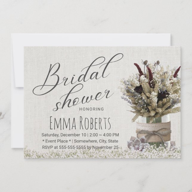 Rustic Winter Blommigt Burk Linen Möhippa Inbjudningar (Framsida)