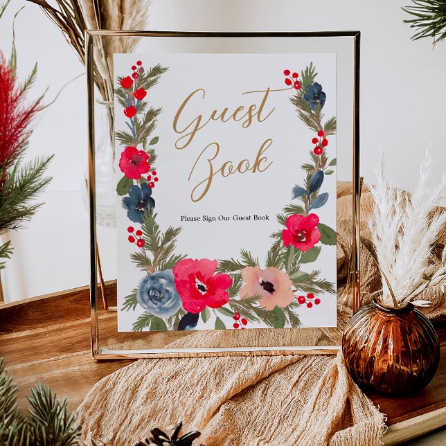 Rustic Winter Blommigt Watercolor Bröllop gäst bok Poster (Rustic Winter Floral Watercolor Wedding guest book)
