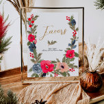 Rustic Winter Blommigt Watercolor Wedding favors Poster<br><div class="desc">Visa tacksamhet till dina gäster med vår favoritskylt för Blommigten för Rustic Elegant Winter. Den här designen kapslar in årstidens anda, med en handmålad vattenfärg ram, försedd med en graciös blandning av röda blommor, flytande dammiga blå nyanser och verdant grönt gräs grenar. Med ett typsnitt av eleganten styr detta tecken...</div>