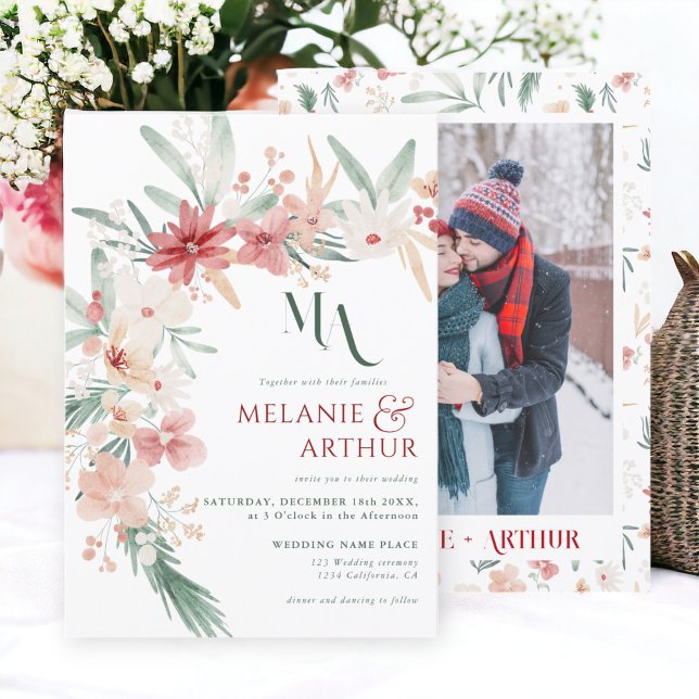 Rustic Winter-Blommigten Photo Bröllop Inbjudningar (Rustic Winter Christmas Floral Photo Wedding Invitation)