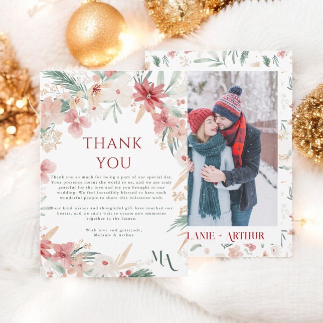 Rustic Winter-Blommigten Photo Bröllop Tack Kort (Rustic Winter Christmas Floral Photo Wedding Thank You Card)
