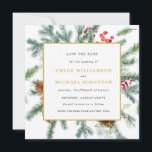 Rustic Winter Botanical Bröllop Spara Datumet<br><div class="desc">Hej. Välkommen till min Helgdag spara datumkorten. Denna mall för kvadratiska leror har en guld ram som är dekorerad med gräs grenar, röda bär och gräs-koner. Mycket tomt utrymme ge är en öppen och elegant känsla. Texten är en kombination av två klassiska, enkla typsnitt. Bröllop paret namn ligger i guld....</div>