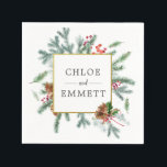 Rustic Winter Botanical Greenery Red Bow Bröllop Pappersservett<br><div class="desc">Hej! Denna utformning av den sterila chicen har gräs och vår med röda bär som är kapade runt ett kvadratiskt guld ram. En modern röd snöre är kapslad i holly och röda bär i den nedre högerna. Snygg för bröllopsmottagning eller julfest. Säg mig (jag heter Nelda) om du vill hjälpa...</div>