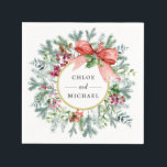 Rustic Winter Botanical Greenery Red Bow Bröllop Pappersservett<br><div class="desc">Hej! Den här chicen har gräs och vår med röda bär som är kapade runt guld ram. En modern röd snöre är kapslad i holly och röda bär i den nedre högerna. Snygg för bröllopsmottagning eller julfest. Säg mig (jag heter Nelda) om du vill hjälpa dig att hitta samordnande saker....</div>