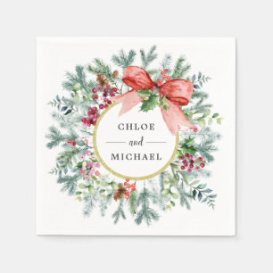 Rustic Winter Botanical Greenery Red Bow Bröllop Pappersservett