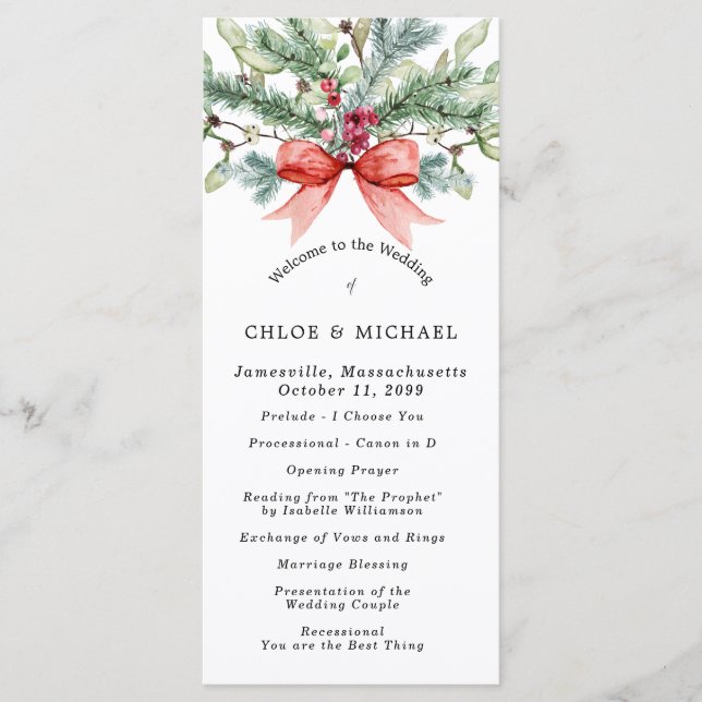 Rustic Winter Botanical Red Bow DIY Bröllop Program (Framsida)