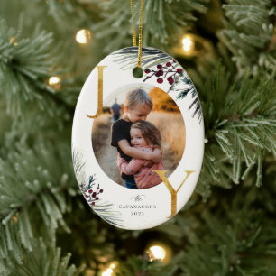Rustic Winter Boughs Golden Joy Photo Julgransprydnad Keramik