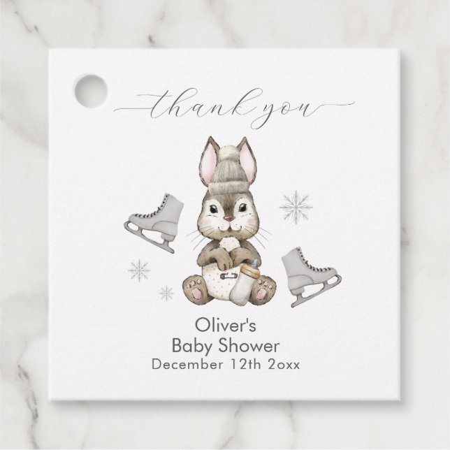 Rustic Winter Bunny Ice Skate Baby Shower Gåvor Etiketter (Framsida)