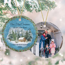 Rustic Winter Cabin Första jul - nytt hemfoto Julgransprydnad Keramik