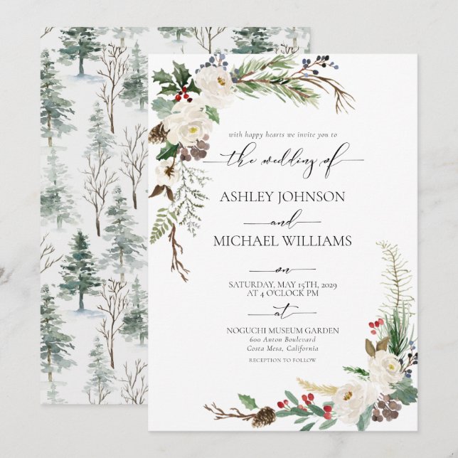 Rustic Winter Calligraphy Botanical Bröllop Inbjudningar (Fram/baksida)