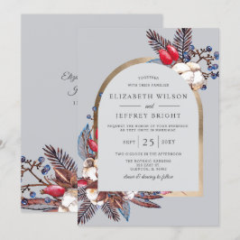 Rustic Winter Cotton Red Berries Arched Bröllop Inbjudningar