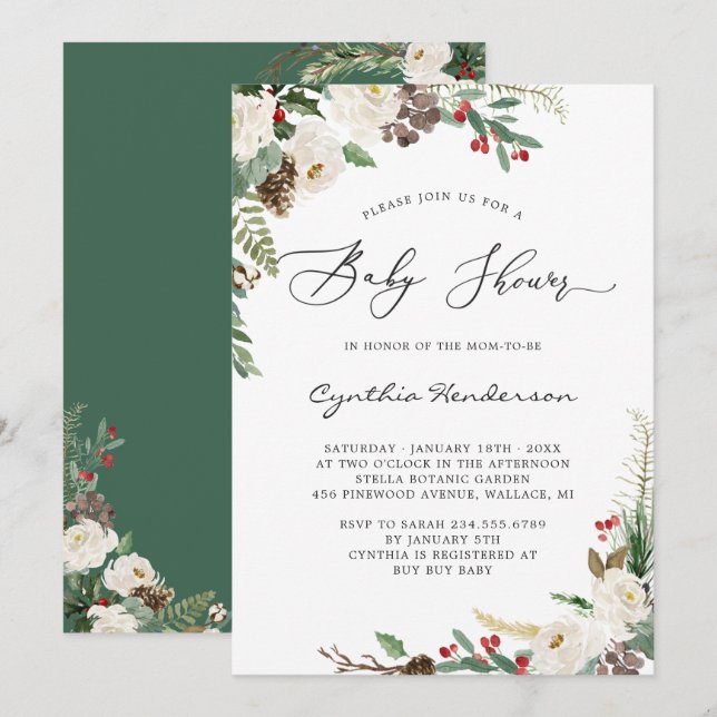 Rustic Winter Eucalyptus Blommigt Baby Shower Inbjudningar (Fram/baksida)