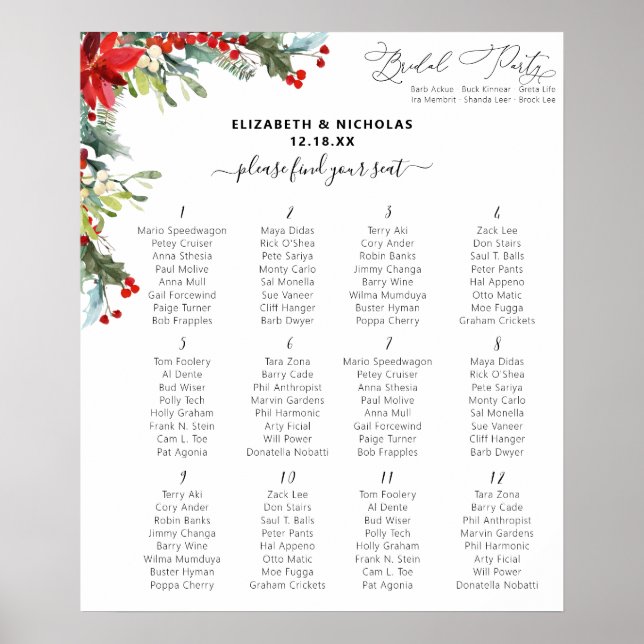 Rustic Winter Floral | Wedding Table Seating Poster (Framsidan)