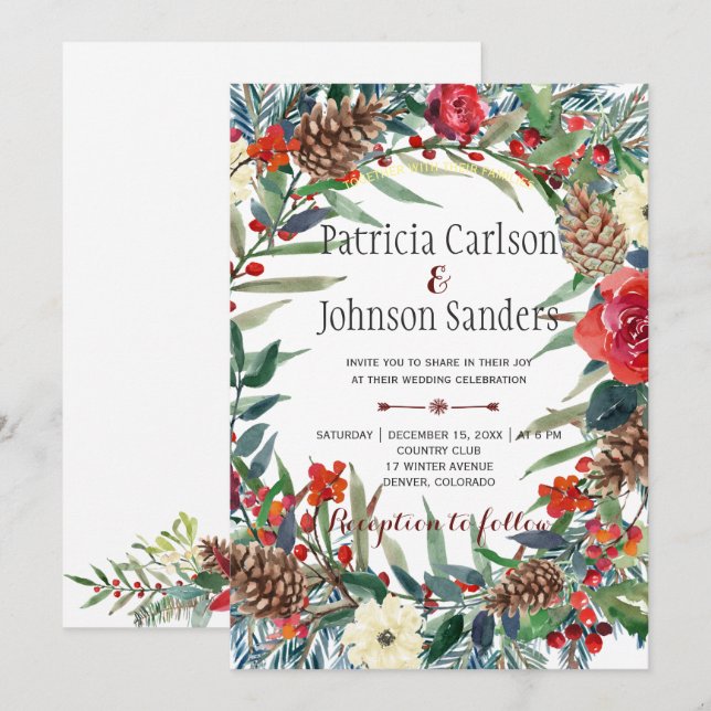 Rustic Winter Flowers och Berries | Burgundy Inbjudningar (Fram/baksida)