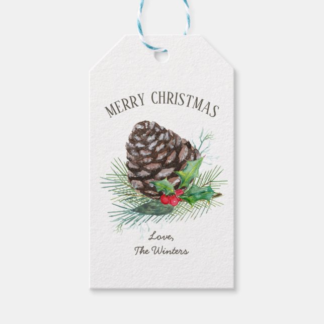 Rustic Winter Forest Gräs Cone Holly Kraft Helgdag Presentetikett (Framsidan)