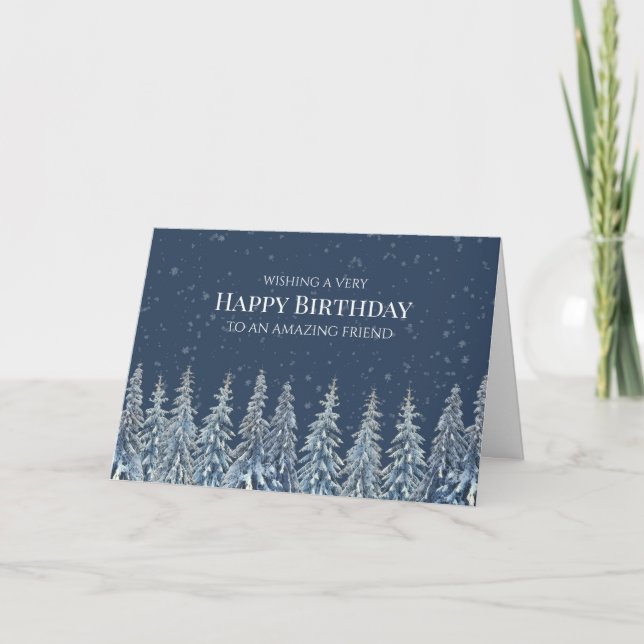 Rustic Winter Forest Happy Birthday Friend Card Tack Kort (Framsida)