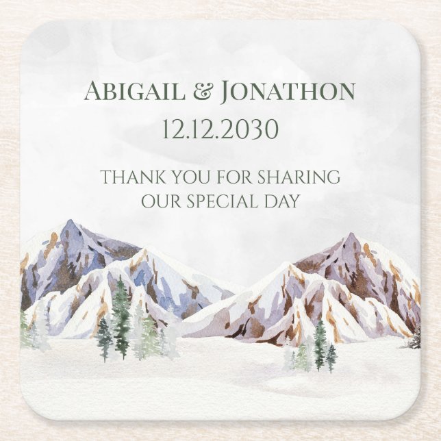 Rustic Winter Forest Mountain Wedding Underlägg Papper Kvadrat (Framsidan)