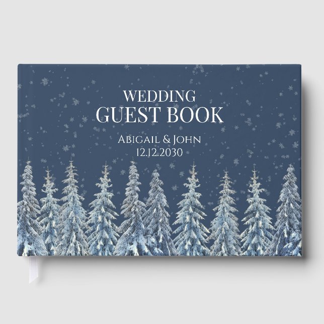 Rustic Winter Forest Navy Blue Wedding Gästböcker (Framsida)
