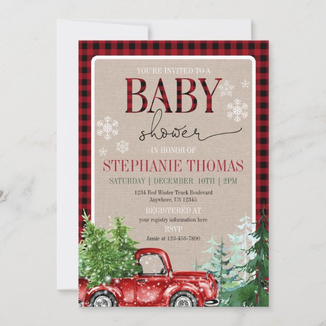 Rustic Winter Forest Red Lastbil Baby Shower Inbjudningar (Framsida)