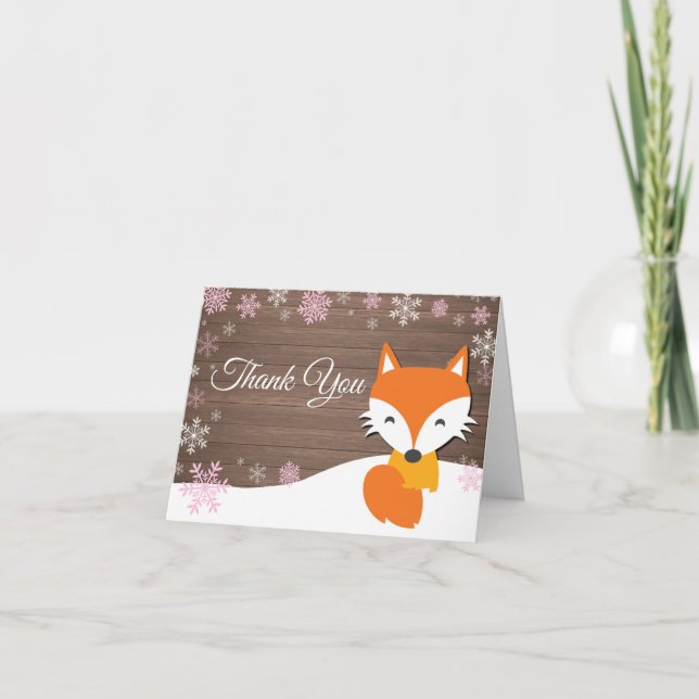 Rustic Winter Fox Snowflake Rosa - tackkort (Framsida)