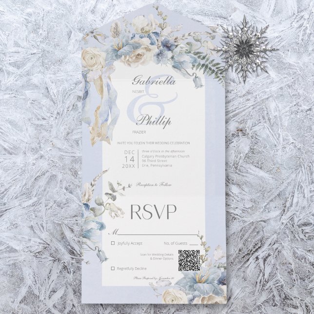 Rustic Winter Frosty Blue & White Blommigt QR-kod (Available without a QR code; with or without dinner selection options.)
