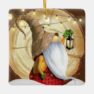 Rustic Winter Gnome Träd, Snö, Ljus, jul Julgransprydnad Keramik