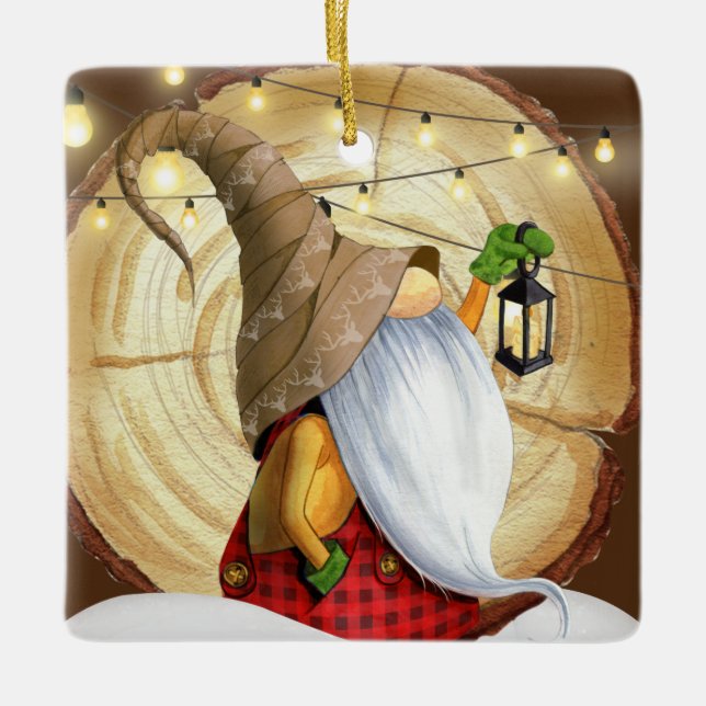 Rustic Winter Gnome Träd, Snö, Ljus, jul Julgransprydnad Keramik (Framsida)