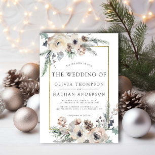 Rustic Winter Gräs Blommigt Guld Ram Bröllop Inbjudningar