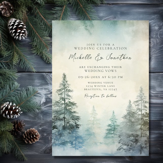 Rustic Winter Gräs Forest Woodland Bröllop Inbjudningar (Front - Rustic Winter Pine Forest Woodland Wedding Invitation)