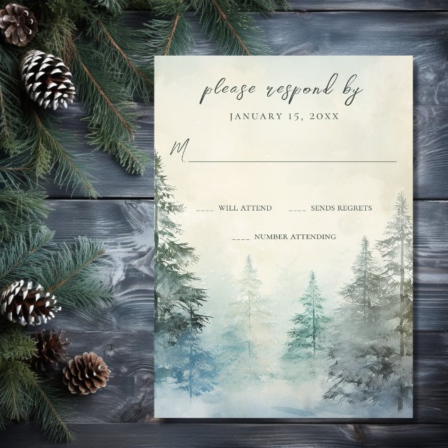 Rustic Winter Gräs Forest Woodland Bröllop OSA Kort (Front - Rustic Winter Pine Forest Woodland Wedding RSVP Card)