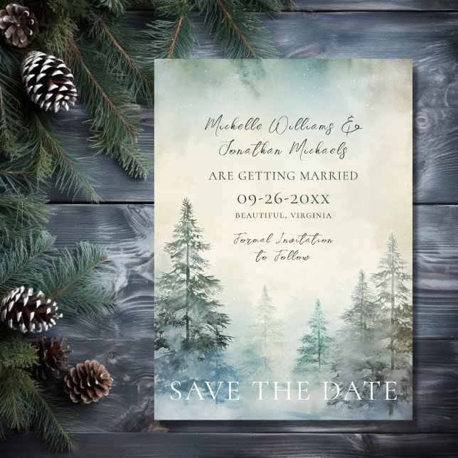 Rustic Winter Gräs Forest Woodland Bröllop Spara Datumet (Front - Rustic Winter Pine Forest Woodland Wedding Save The Date)