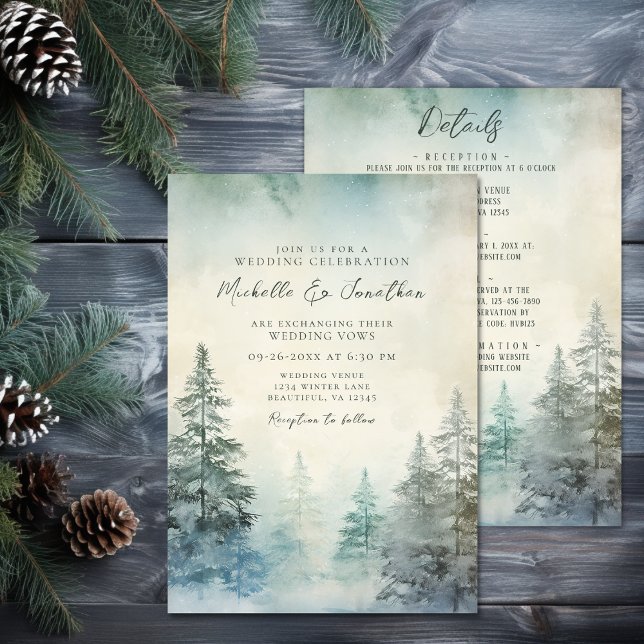 Rustic Winter Gräs-skogen i ett Bröllop Inbjudningar (Rustic Winter Pine Forest All In One Wedding Invitation)