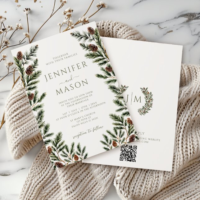Rustic Winter Gräs Träd Cones Boho Bröllop QR Inbjudningar (Skapare uppladdad)