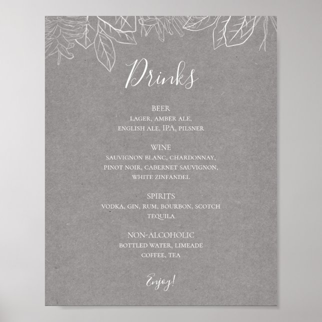 Rustic Winter | Grått Bröllop Drinks Menu Sign Poster (Framsidan)
