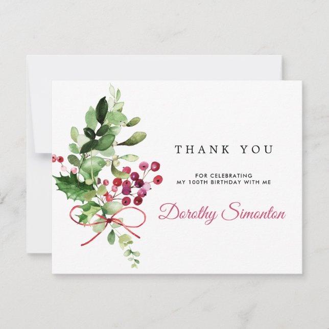 Rustic Winter Greenery 100:e födelsedagen Tack Kort (Framsida)